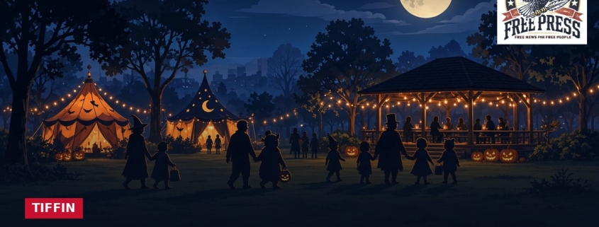 Fostoria News People enjoying a moonlit evening at Hedges-Boyer Park with tents and lanterns.
